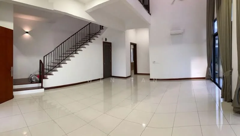 Living features: white painted walls, high ceiling, large floor-to-ceiling windows, ceramic tile flooring, recessed downlights, ceiling fan, open staircase, curtains, air conditioning unit; style: modern.