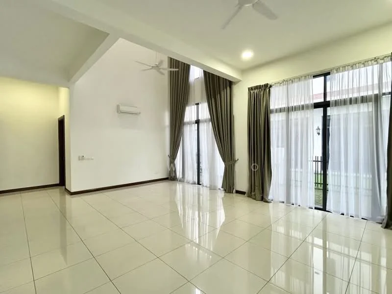 Living features: white painted walls, high ceiling, large floor-to-ceiling windows, sheer curtains, dark wood window frames, 2 ceiling fans, glossy ceramic tile flooring, recessed lighting; style: modern; view: garden.