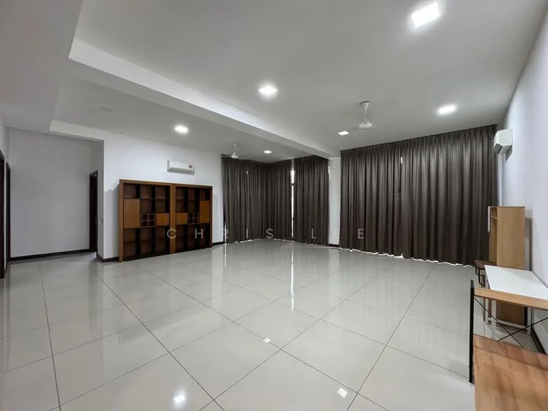 Living features: white painted walls, polished ceramic tile flooring, recessed downlights, 2 ceiling fans, floor-to-ceiling windows with sheer curtains, wall-mounted split AC, built-in wooden shelving unit, wooden console table; style: modern.