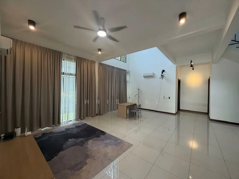 Living features: white painted walls, glossy ceramic tile flooring, 5-blade ceiling fan with light, recessed downlights, floor-to-ceiling windows with sheer curtains, area rug with abstract pattern, wooden side table, wall-mounted air conditioning unit; style: modern; view: garden.