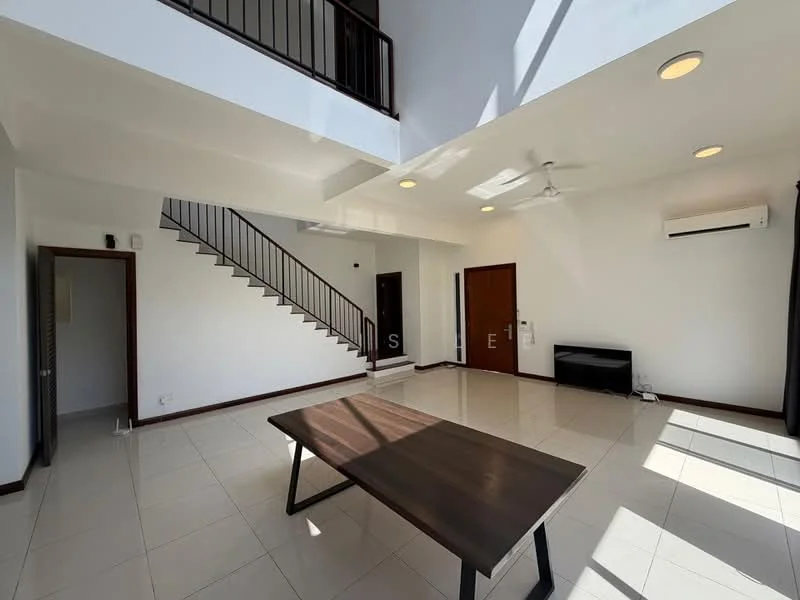 Living features: white painted walls, tile flooring, 5-blade ceiling fan with light, recessed downlights, large windows allowing natural light, blackout curtains, TV console, wall-mounted TV, staircase with metal railing, air conditioning unit; style: modern.
