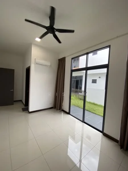 Room features: white painted walls, glossy tile flooring, 5-blade ceiling fan with light, wall-mounted split AC, floor-to-ceiling windows, brown curtains, sliding glass door, view of garden; style: modern; view: garden.