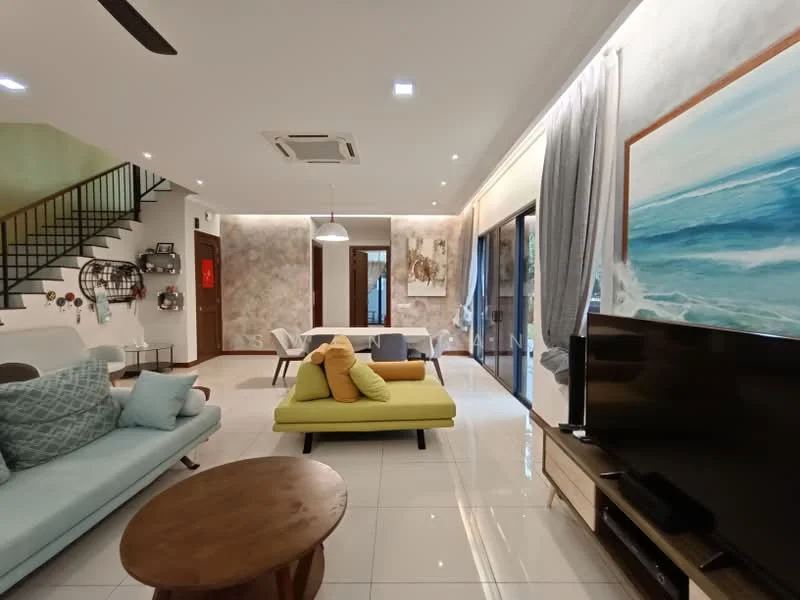 Living features: 3-seater fabric sofa in light blue, 2-seater fabric sofa in yellow, round wooden coffee table, wall-mounted TV, TV console in light wood, floor-to-ceiling windows, sliding glass door, recessed LED downlights, ceiling fan, decorative wall art with ocean theme, grey curtains, white painted walls, glossy tile flooring; style: modern; view: garden. Dining features: rectangular dining table, upholstered dining chairs, decorative wall art, white painted walls, recessed LED downlights; style: modern; view: garden.