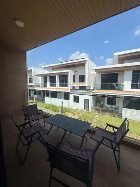 Balcony features: outdoor dining table, 4 folding chairs, glass railing, wooden ceiling, tile flooring, view of garden, view of neighboring houses, sunny outdoor space; style: modern; view: garden.