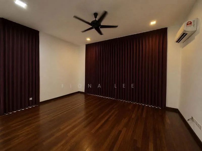 Room features: dark wood flooring, white painted walls, 5-blade ceiling fan, recessed LED downlights, dark purple curtains, wall-mounted split AC; style: modern.