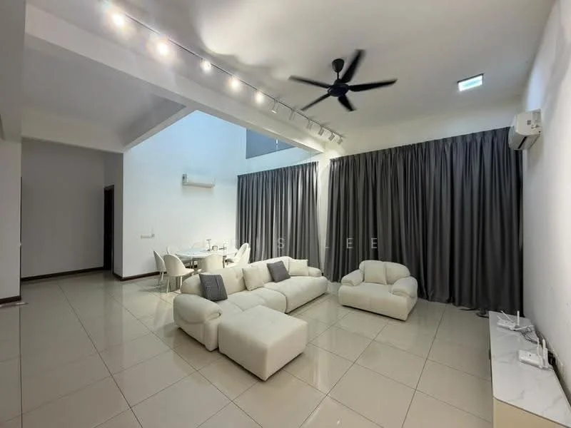 Living features: white leather sectional sofa, 2-seater white leather sofa, glass coffee table, grey curtains, recessed downlights, 5-blade ceiling fan, wall-mounted air conditioning unit, polished ceramic tile flooring, high ceiling, open layout, decorative wall panel; style: modern.