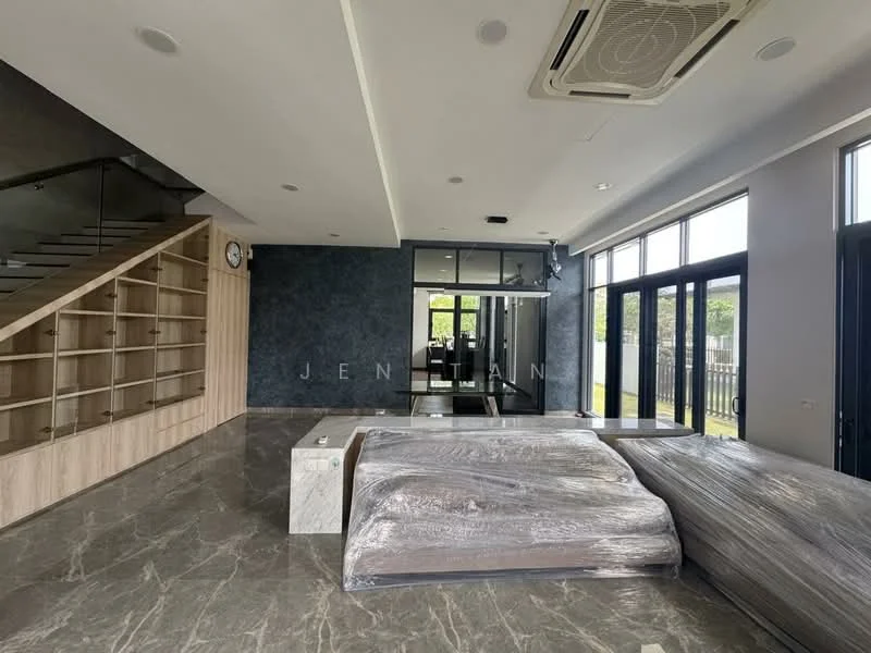 Living features: large floor-to-ceiling windows, grey marble flooring, exposed ceiling with recessed lighting, open layout, modern staircase with wooden steps, built-in shelving unit, air conditioning unit, neutral wall color, wrapped furniture, sliding glass door, decorative wall clock; style: modern; view: garden.