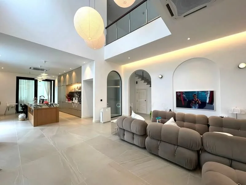 Living features: sofa in beige fabric, coffee table, wall-mounted TV, recessed downlights, floor-to-ceiling windows, light fixtures with pendant lamps, open-plan layout, neutral wall color, tile flooring, decorative wall art, staircase with white railing, arched doorways; style: modern. Kitchen features: kitchen island, stainless-steel appliances, white cabinetry, open shelving, recessed lighting, grey countertop, bar stools; style: modern.