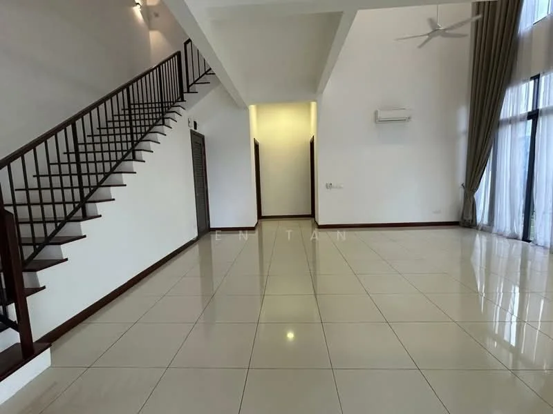Living features: white painted walls, high ceiling, large floor-to-ceiling windows, cream tiled flooring, 5-blade ceiling fan, recessed downlights, open space layout, staircase with wooden railing; style: modern.