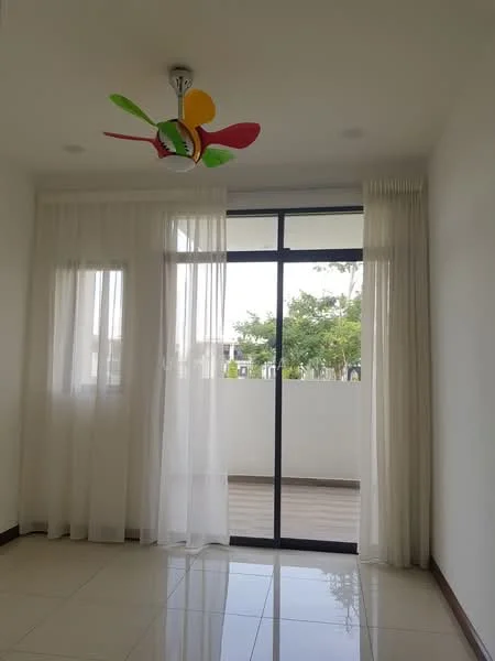 Room features: white painted walls, glossy tile flooring, 5-blade ceiling fan with light, floor-to-ceiling windows, sheer curtains, sliding glass door, view of garden, natural light; style: modern; view: garden.
