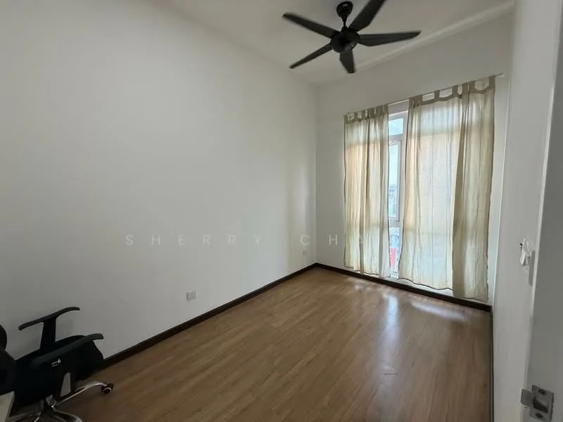 Room features: white painted walls, laminate flooring, 5-blade ceiling fan, floor-to-ceiling windows, sheer curtains, door leading to balcony, office chair.