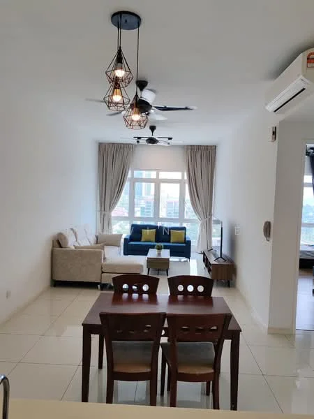 Living features: 3-seater fabric sofa in blue, 2-seater fabric sofa in cream, coffee table, TV console, wall-mounted TV, area rug, floor-to-ceiling windows, sheer curtains, ceiling fan with light, pendant lights, white painted walls, glossy tile flooring; style: modern; view: city. Dining features: 4-seater wooden dining table, wooden dining chairs, white walls, glossy tile flooring; style: modern.