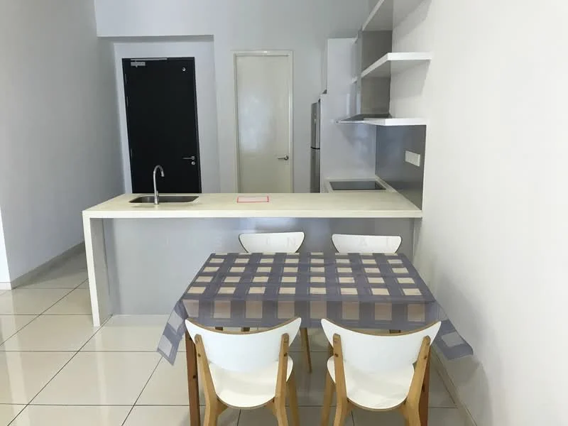 Kitchen features: single-bowl stainless-steel sink, chrome pull-down faucet, white countertop, grey cabinetry, open shelving, stainless-steel fridge, ceramic tile flooring, white painted walls, dining table with checkered tablecloth, 3 white dining chairs; style: modern.