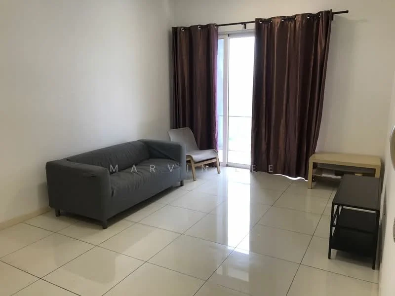 Living features: grey fabric sofa, single armchair, coffee table, TV console, floor-to-ceiling windows, sheer curtains, white painted walls, glossy tile flooring, recessed lighting; style: modern.