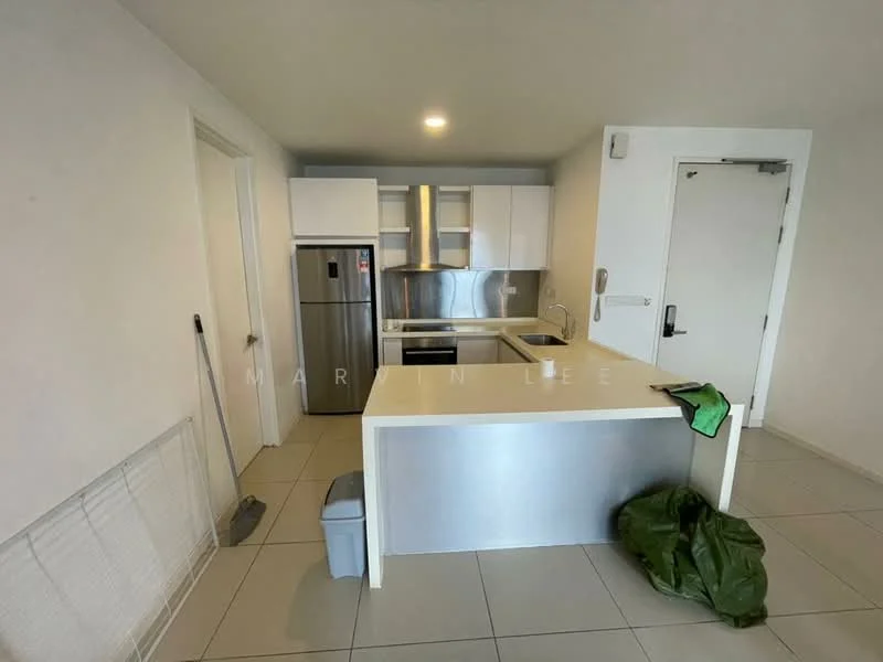 Kitchen features: white cabinetry, stainless-steel fridge, stainless-steel range hood, built-in oven, 4-burner gas hob, white countertop, tile flooring, single-bowl stainless-steel sink, chrome pull-down faucet, open shelving, recessed downlights; style: modern.