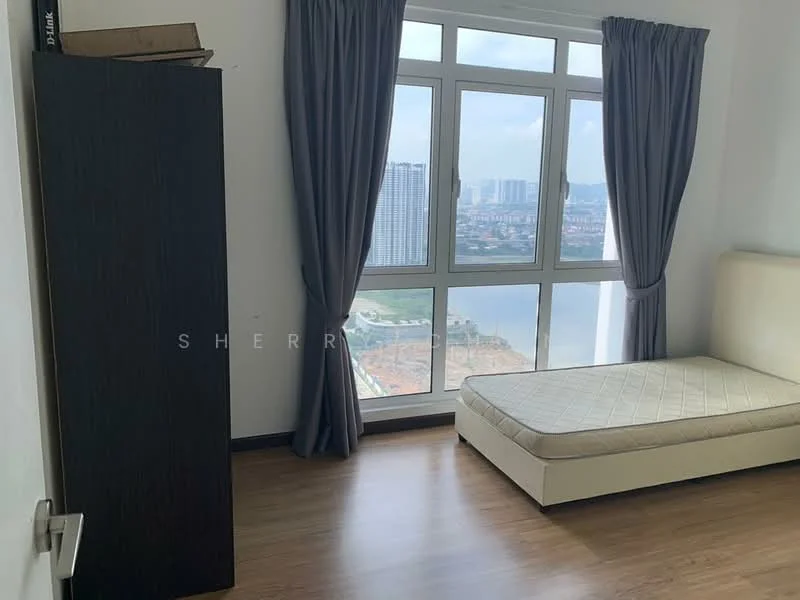 Bedroom features: floor-to-ceiling windows, grey curtains, wood laminate flooring, white upholstered bed frame, mattress without bedding, dark wood wardrobe, city skyline view; style: modern; view: city.