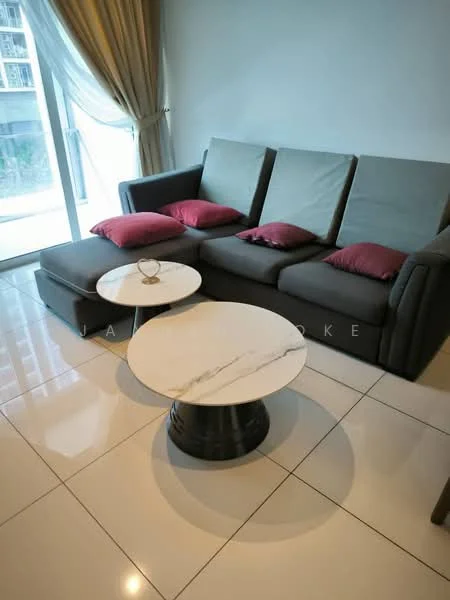 Living features: 3-seater fabric sofa in grey, red accent cushions, round marble coffee table with black base, large floor-to-ceiling windows, sheer curtains, glossy tile flooring, neutral painted walls, decorative item on coffee table; style: modern.