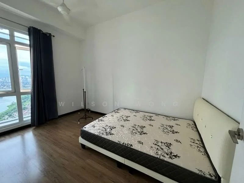 Bedroom features: queen-size bed with floral-patterned mattress, white painted walls, dark wood flooring, floor-to-ceiling windows, blackout curtains, ceiling fan, lamp stand, city view; style: modern; view: city.
