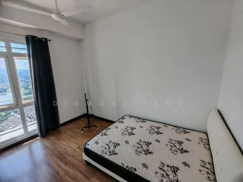 Bedroom features: queen-size bed, wooden flooring, white painted walls, floor-to-ceiling windows, blackout curtains, ceiling fan, decorative floor lamp, city view; style: modern; view: city.