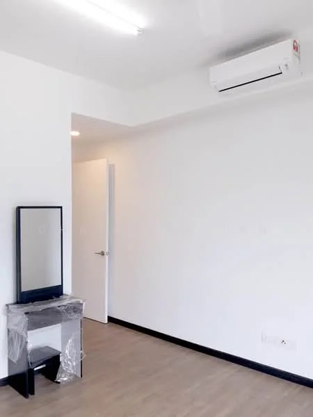 Room features: white painted walls, laminate flooring, 1 wall-mounted split AC, full-length mirror, black framed mirror stand, door, ceiling lights; style: modern.