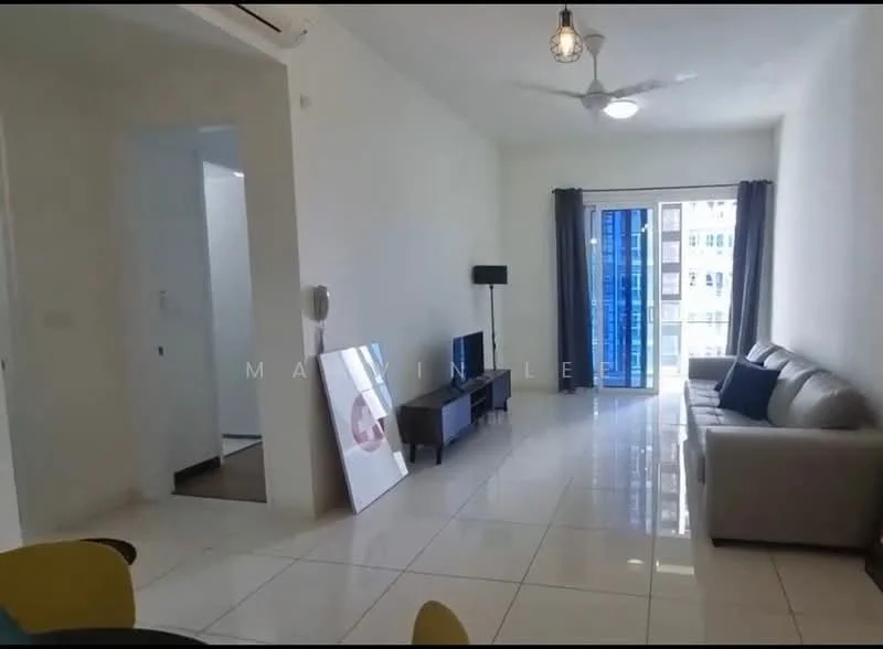 Living features: white painted walls, glossy tile flooring, 5-blade ceiling fan with light, sofa in light grey, TV console, wall-mounted TV, floor-to-ceiling windows, curtains in dark grey, decorative wall art, coffee table; style: modern; view: city. Room features: doorway leading to another room.