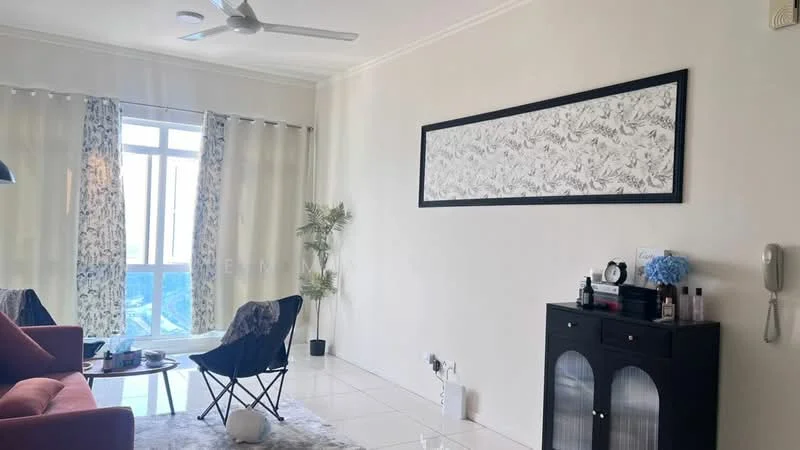 Living features: floor-to-ceiling windows, sheer curtains, white painted walls, white tiled flooring, 5-blade ceiling fan, sofa in coral color, coffee table, decorative wall art, black console table, houseplant in ceramic pot, black folding chair; style: modern; view: city.