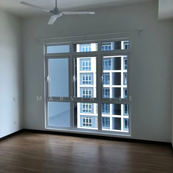 Room features: large floor-to-ceiling windows, white painted walls, wooden flooring, 5-blade ceiling fan, natural light from windows, view of adjacent building; style: modern; view: city.
