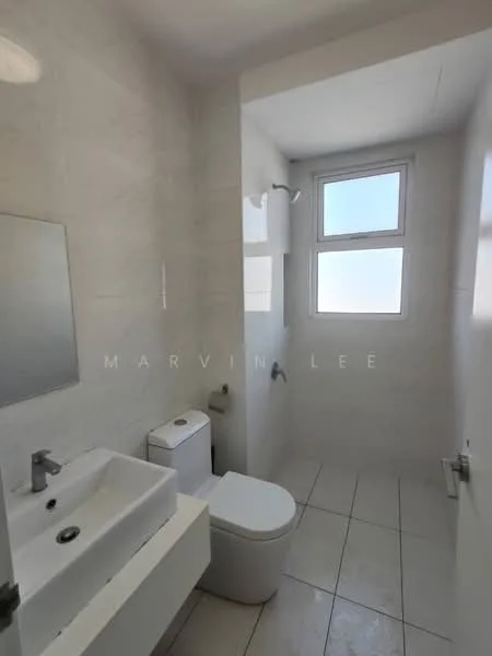 Bathroom features: white tiled walls, white ceramic floor tiles, single-sink vanity with white cabinet, chrome basin mixer faucet, framed mirror, one-piece toilet, shower area with wall-mounted showerhead, two windows, natural light, minimalist design; style: modern.