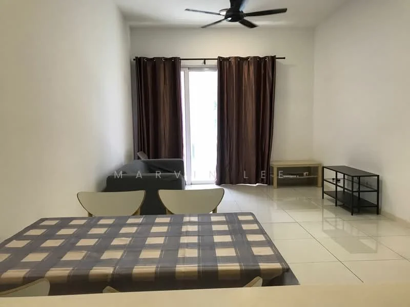 Living features: white painted walls, glossy tile flooring, 5-blade ceiling fan, floor-to-ceiling sliding glass door, brown curtains, black TV console, wooden side table, sofa, dining table with checkered tablecloth, dining chairs; style: modern.