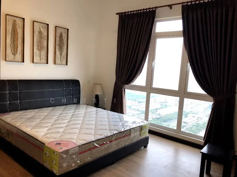 Bedroom features: queen-size bed, upholstered headboard, wooden bedside table, floor-to-ceiling windows, brown curtains, laminate flooring, framed artwork on walls, table lamp; style: modern; view: city.