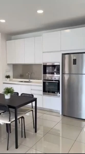 Kitchen features: white cabinetry, stainless-steel fridge, built-in oven, microwave, single-bowl stainless-steel sink, chrome pull-down faucet, white backsplash, ceramic tile flooring, recessed downlights, black dining table, 4 black dining chairs; style: modern.