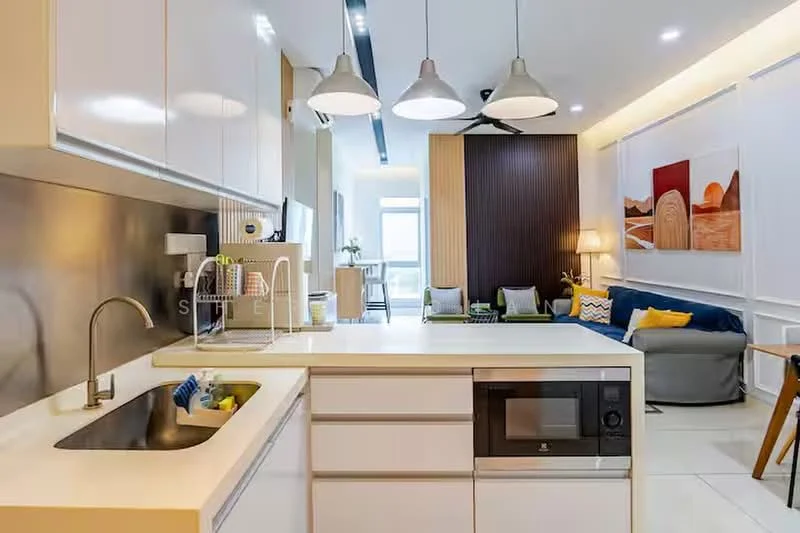 Kitchen features: white cabinetry, quartz countertop, single-bowl stainless-steel sink, chrome pull-down faucet, built-in microwave, stainless-steel range hood, 4-burner gas hob, pendant lighting, recessed downlights, open shelving, tile backsplash, ceramic tile flooring; style: modern. Living features: sofa in grey, accent pillows, coffee table, wall-mounted TV, decorative artwork, floor-to-ceiling windows, laminate flooring, ceiling fan; style: modern; view: city.