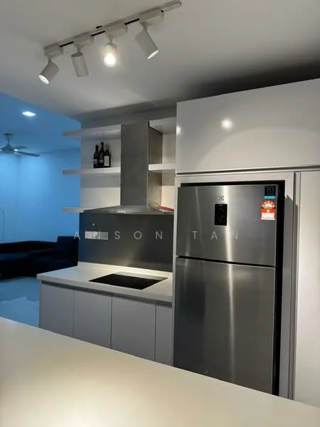 Kitchen features: white cabinetry, stainless-steel fridge, built-in oven, 4-zone induction hob, grey backsplash, white countertop, track lighting, open shelving, ceiling fan; style: modern.