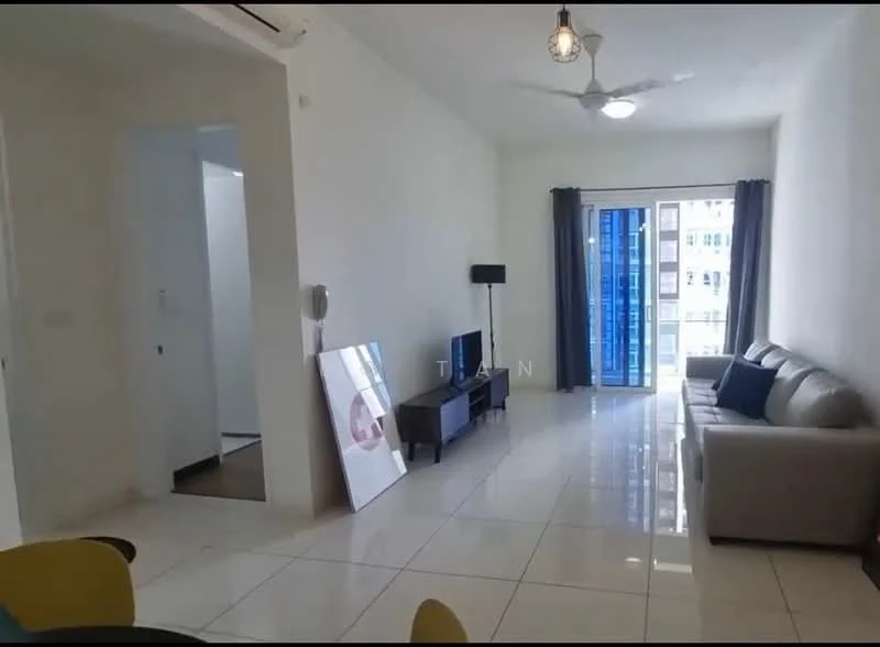 Living features: cream painted walls, white tiled flooring, 5-blade ceiling fan with light, sofa in light grey, coffee table, TV console, wall-mounted TV, floor-to-ceiling windows, curtains in dark grey, decorative wall art; style: modern; view: city.