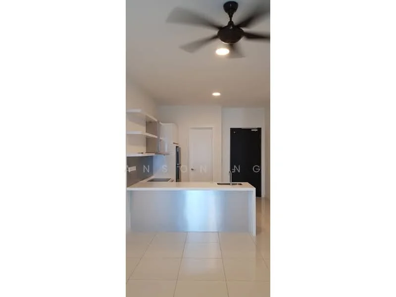 Kitchen features: stainless-steel sink, chrome pull-down faucet, white cabinetry, open shelving, built-in refrigerator, white tiled flooring, recessed downlights, ceiling fan, countertop with overhang for seating, black door; style: modern.