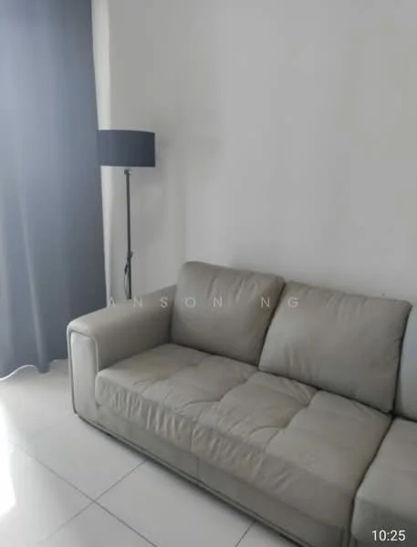 Living features: 3-seater fabric sofa in light grey, floor lamp with black shade, white painted walls, grey curtains, tile flooring; style: modern.