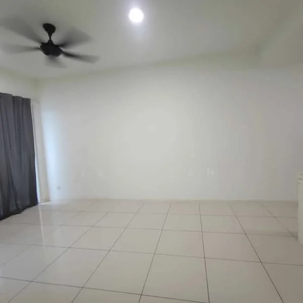 Room features: white painted walls, ceiling fan, large floor tiles, natural light from window, dark curtains, open space, no visible furniture, neutral color scheme; style: minimalist.
