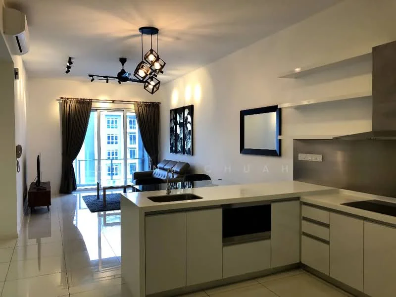 Living features: 3-seater leather sofa in dark brown, coffee table, TV console, wall-mounted TV, area rug with geometric pattern, floor-to-ceiling windows, curtains in dark grey, recessed downlights, ceiling-mounted track lighting, white painted walls, glossy tile flooring, open kitchen layout; style: modern; view: city. Kitchen features: white cabinetry, stainless-steel sink, chrome pull-down faucet, granite countertop, built-in oven, stainless-steel range hood, 4-burner gas hob, open shelving, wall-mounted cabinets; style: modern.