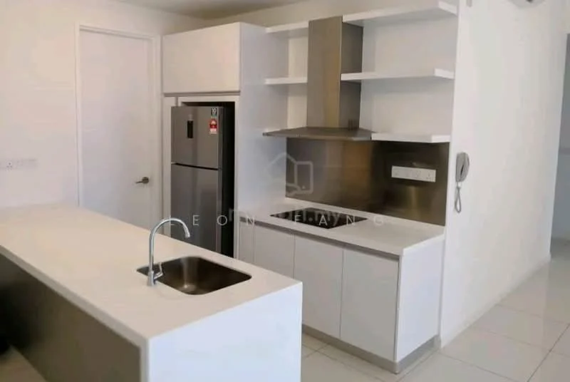 Kitchen features: white cabinetry, stainless-steel sink, chrome pull-down faucet, stainless-steel refrigerator, stainless-steel range hood, built-in oven, white countertop, open shelving, tile flooring, wall-mounted electrical outlet, kitchen island; style: modern.