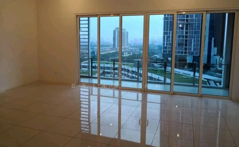 Living features: white painted walls, glossy ceramic tile flooring, floor-to-ceiling windows, sliding glass door, city view, recessed downlights; style: modern; view: city.