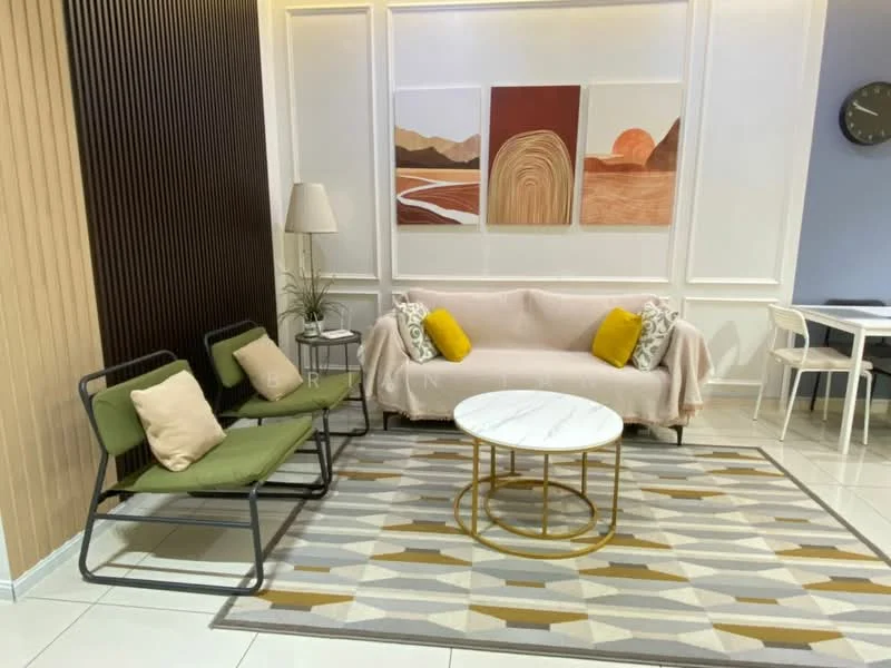 Living features: green metal frame sofa with cushions, beige fabric sofa with throw blanket, round marble coffee table, area rug with geometric pattern, wall-mounted artwork with abstract designs, wood panel accent wall, floor lamp, white walls, recessed lighting, clock on wall; style: modern.