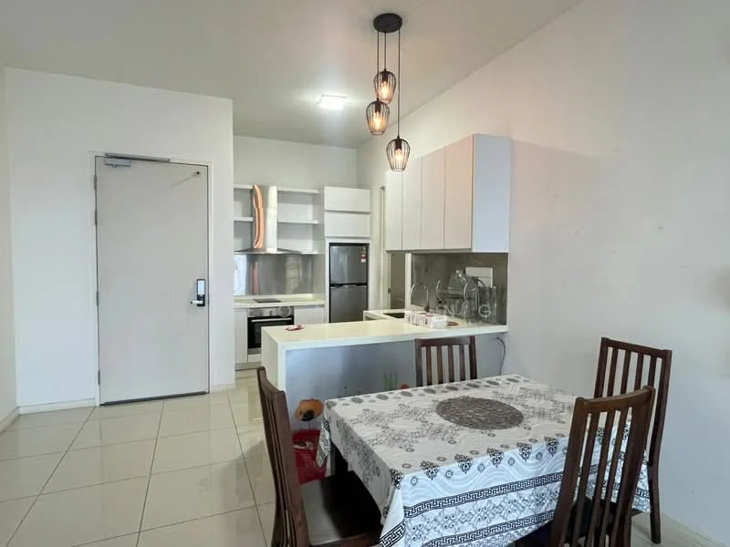 Dining features: 4-seater wooden dining table, white tablecloth with circular pattern, brown wooden dining chairs, white painted walls, glossy ceramic tile flooring, pendant lighting with multiple bulbs, open kitchen layout, refrigerator, built-in cabinets, stainless-steel sink, countertop with backsplash; style: modern. Kitchen features: white cabinetry, built-in oven, stainless-steel fridge, ceramic tile backsplash, countertop with space for appliances, open shelving, kitchen utensils visible; style: modern.
