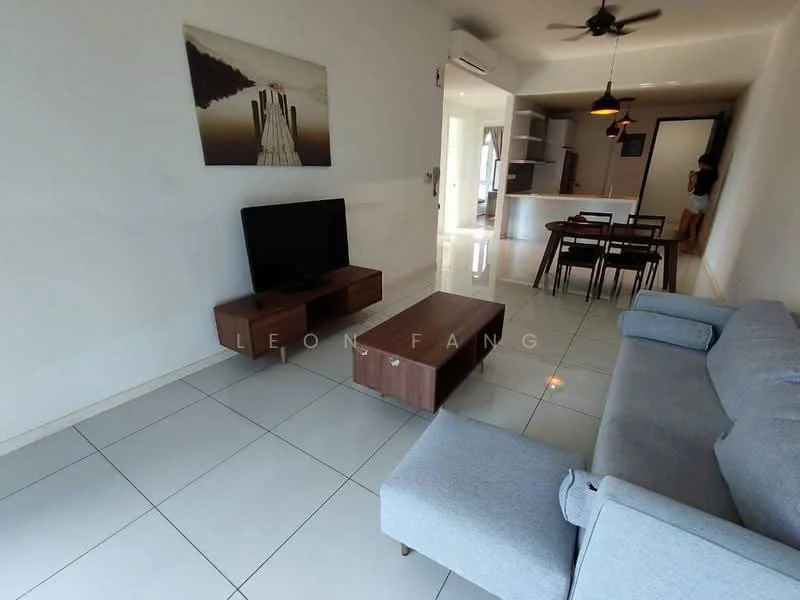 Living features: grey fabric sofa, wooden coffee table, TV console, wall-mounted TV, dining table with chairs, white painted walls, glossy tile flooring, ceiling fan, large window with natural light, decorative artwork on wall; style: modern.