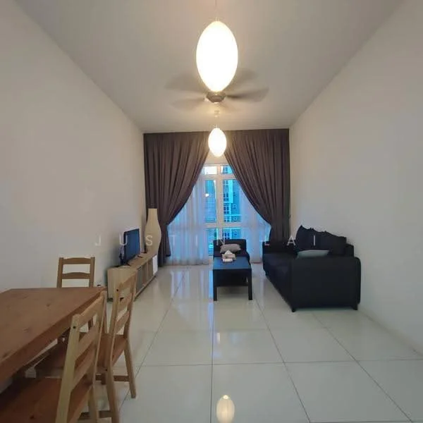 Living features: white painted walls, glossy white tile flooring, 5-blade ceiling fan with light, sofa in black, coffee table in black, TV console, wall-mounted TV, floor-to-ceiling windows, sheer curtains in grey, decorative throw pillows; style: modern; view: city. Dining features: wooden dining table, 4 wooden dining chairs; style: modern.