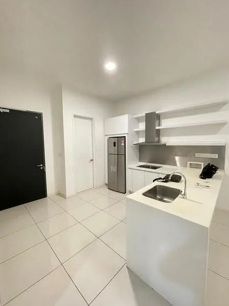 Kitchen features: white cabinetry, stainless-steel fridge, stainless-steel sink, chrome pull-down faucet, white countertop, ceramic tile flooring, wall-mounted shelves, built-in oven, 4-burner gas hob, recessed downlights, neutral wall color, single-bowl sink, sliding door, open layout; style: modern.