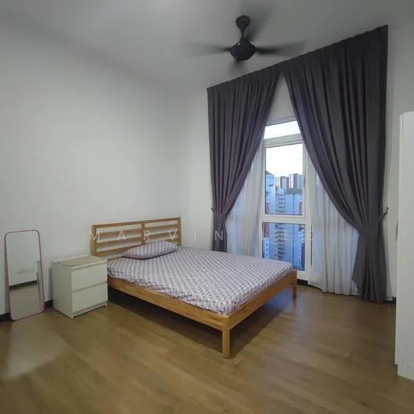 Bedroom features: queen-size bed, wooden bed frame, mattress with patterned cover, 2-drawer bedside table, floor-to-ceiling window, sheer curtains, blackout curtains, ceiling fan, laminate flooring, mirror, white painted walls; style: modern; view: city.