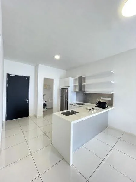 Kitchen features: white cabinetry, stainless-steel fridge, stainless-steel sink, chrome pull-down faucet, white countertop, open shelving, tile flooring, recessed downlights, washer/dryer combo, white walls, sliding door, modern design; style: modern. Room features: white walls, tile flooring, door to hallway.