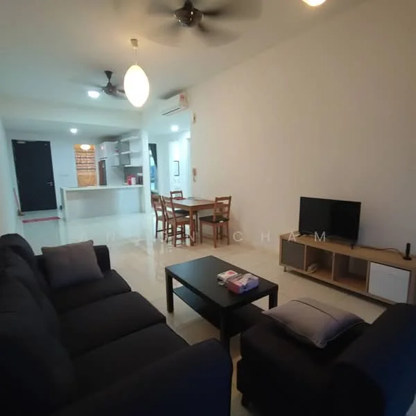 Living features: 3-seater fabric sofa in dark blue, coffee table, wall-mounted TV, TV console, ceiling fan, recessed lighting, white painted walls, glossy tile flooring, area rug, decorative cushions; style: modern. Dining features: 4-seater wooden dining table, wooden dining chairs, open layout to kitchen, white painted walls, glossy tile flooring; style: modern. Kitchen features: kitchen island, white cabinetry, stainless-steel appliances, open layout to living area, glossy tile flooring; style: modern.