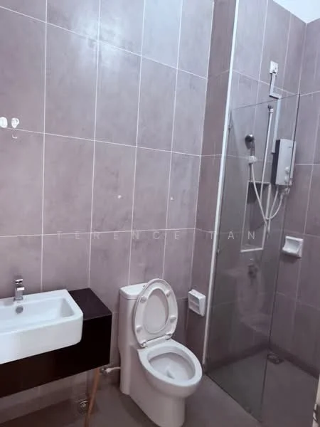 Bathroom features: grey tiled walls, glass shower enclosure, rain shower head, handheld shower, white ceramic sink, black vanity cabinet, one-piece toilet, chrome faucet, tile flooring; style: modern.