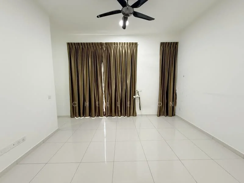 Living features: white painted walls, glossy ceramic tile flooring, 5-blade ceiling fan with light, floor-to-ceiling windows, brown curtains, neutral decor, no visible furniture, natural light from windows; style: modern.